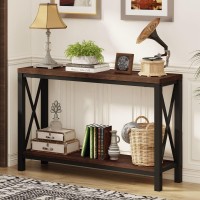 BON AUGURE 2 Tier Console Table for Entryway, Metal Wood Sofa Table Behind Couch for Living Room, Industrial Entry Table for Hallway, Foyer, Front Door, Entrance (Rustic Oak, 47 Inch)