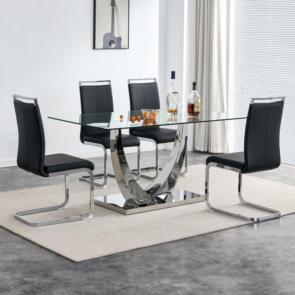 NYEESS 63??Glass Dining Table Set for 4,Modern Dining Room Table Set for 4, Kitchen Table and PU Leather Chairs, Dinner Table with Rectangle Tempered Glass Top and Chrome Silver Base