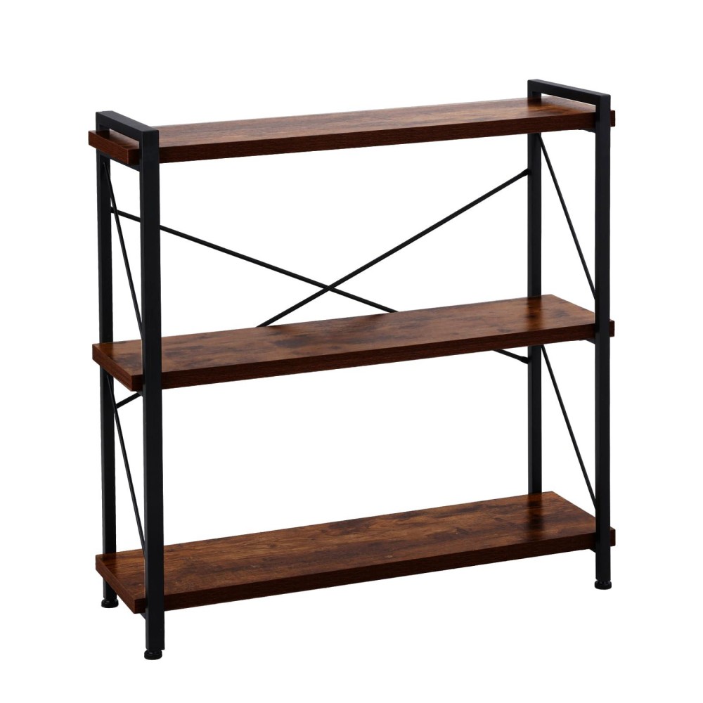 COSYSUPER Bookshelf 3 Tier, Industrial Bookcase, Vintage Storage Rack with Open Shelves, Rustic Standing Bookshelves Metal Frame Display Rack Storage for Living Room, Bedroom, Dark Walnut Color