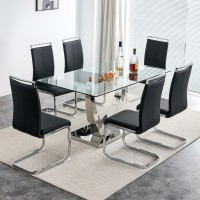 NYEESS 63??Glass Dining Table Set for 6,Modern Dining Room Table Set for 6,Kitchen Table and PU Leather Chairs for 6, Dinner Table with Rectangle Tempered Glass Top and Chrome Silver Base