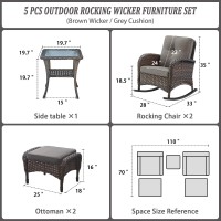 Belord Patio Rocking Chairs Furniture Set - 5 Piece Outdoor Wicker Furniture Sets With Ottomans  Small Patio Conversation Sets With Wicker Rocking Chairs Brown/Grey