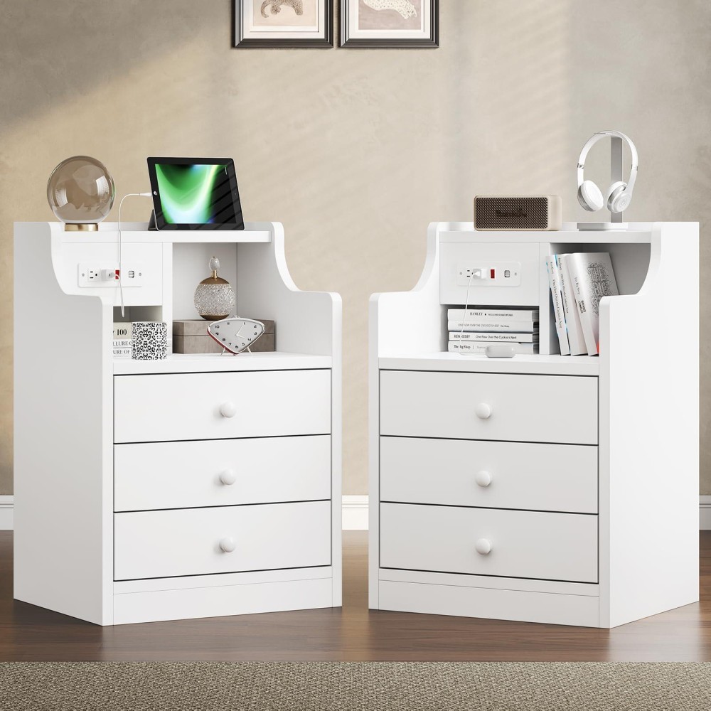 Tiptiper Nightstand Set 2 White Night Stands With Hutch And Charging Station Nightstand With 3 Drawers For Bedrooms Set Of 2