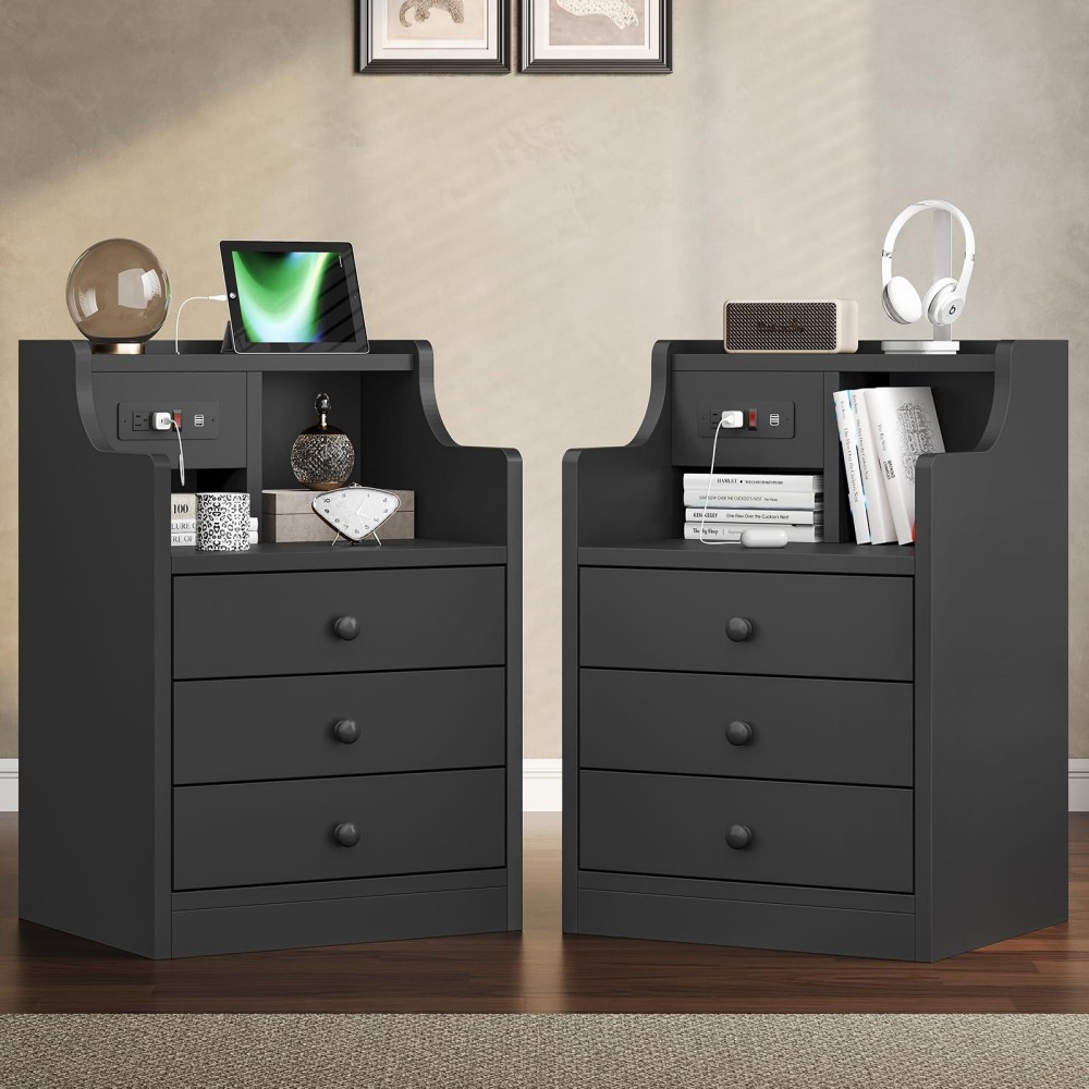 Tiptiper Nightstand Set 2 Black Nightstand With Hutch And Charging Station Night Stands With 3 Drawers For Bedrooms Set Of 2