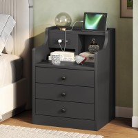 Tiptiper Nightstand Set 2 Black Nightstand With Hutch And Charging Station Night Stands With 3 Drawers For Bedrooms Set Of 2