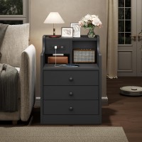 Tiptiper Nightstand Set 2 Black Nightstand With Hutch And Charging Station Night Stands With 3 Drawers For Bedrooms Set Of 2