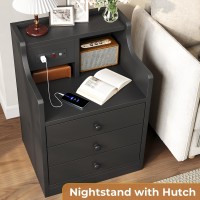 Tiptiper Nightstand Set 2 Black Nightstand With Hutch And Charging Station Night Stands With 3 Drawers For Bedrooms Set Of 2