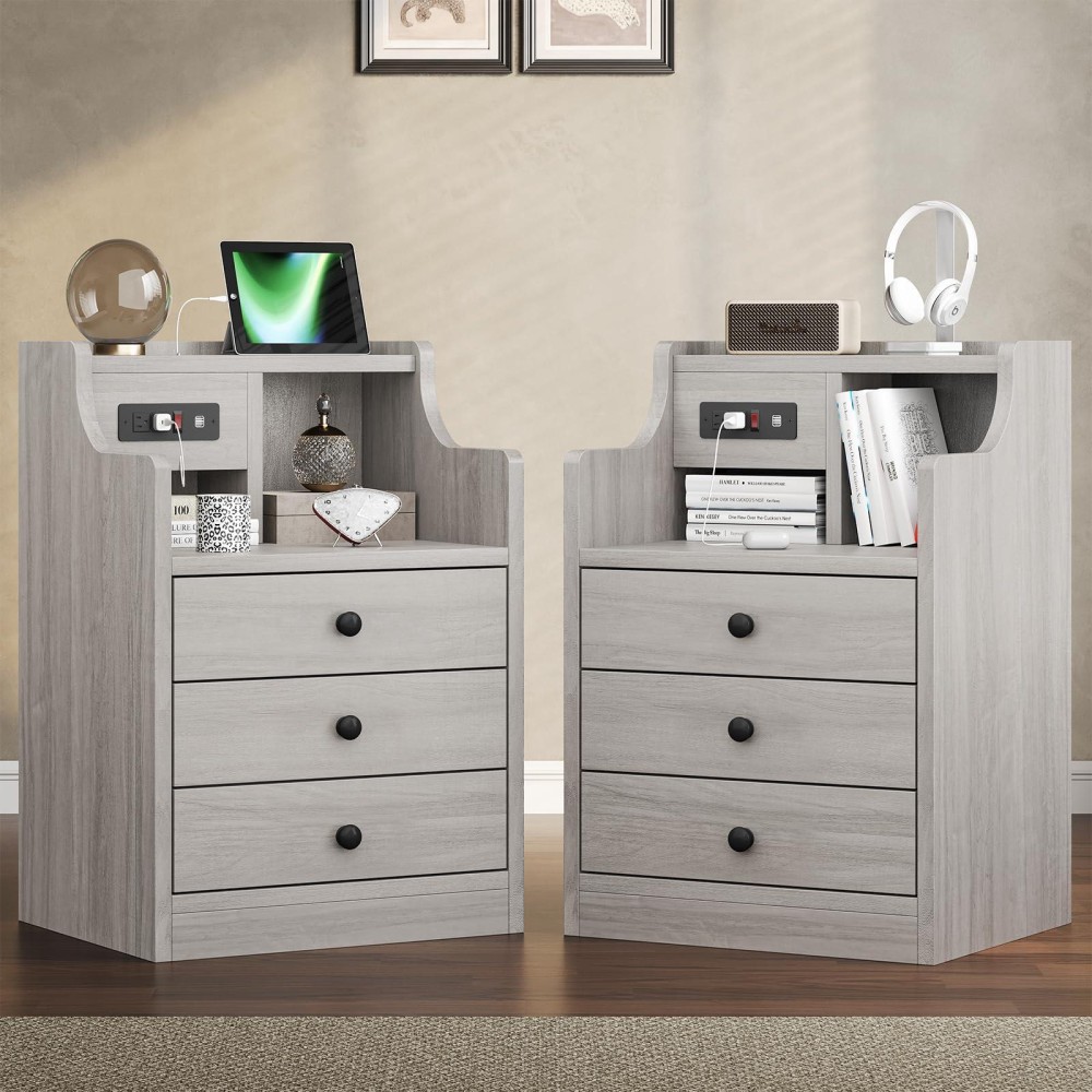 Tiptiper Nightstand Set 2 Grey Night Stands With Hutch And Charging Station Nightstand With 3 Drawers For Bedrooms Set Of 2 M