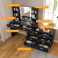 Fioneso Vanity Makeup Desk With Led Light Mirror Power Outlet 8 Drawers 6 Storage Shelves 3 Color Modes Adjustable Bright