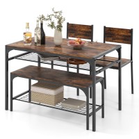 Costway 4 Pieces Dining Table Set, Kitchen Table And 2 Chairs For 4 With Bench, Storage Racks, Metal Frame & Space-Saving Design, Industrial Kitchen Table Set For Small Space, Apartment (Rustic Brown)