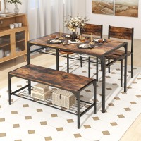 Costway 4 Pieces Dining Table Set, Kitchen Table And 2 Chairs For 4 With Bench, Storage Racks, Metal Frame & Space-Saving Design, Industrial Kitchen Table Set For Small Space, Apartment (Rustic Brown)