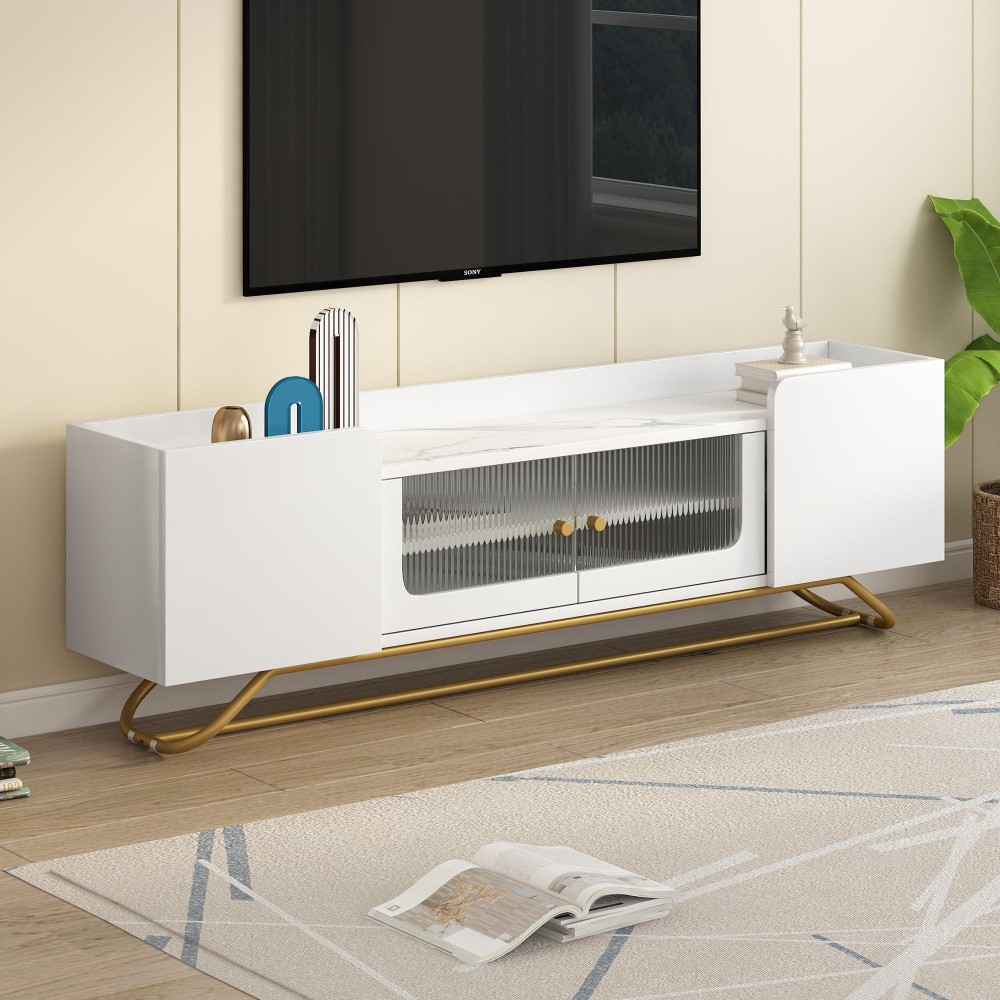 Merax Sleek Design Tv Stand With Fluted Glass And Gold Frame Base Contemporary Entertainment Center For Television Up To 65