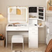 Vabches White Vanity Desk With Mirror And Lights, Glass Top Vanity Table With Charging Station, 3 Drawers And Jewelry Cabinet, Large Hd Mirror Makeup Vanity, 3 Lighting Modes, 45In(L)