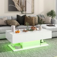 Giantex Modern Led Coffee Table - 2-Tier Center Table W/ 2 Storage Drawers, Adjustable Brightness & Speed, 20-Color Light, 43.5''L Rectangular High-Gloss Finished Table For Living Room (White)