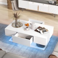 Giantex Modern Led Coffee Table - 2-Tier Center Table W/ 2 Storage Drawers, Adjustable Brightness & Speed, 20-Color Light, 43.5''L Rectangular High-Gloss Finished Table For Living Room (White)