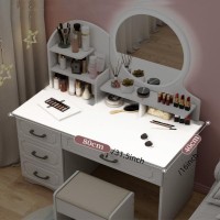 Aeumruch European Style Vanity Desk, Dressing Table with Touch LED Lights Dressing Table with 4 Drawers and 4 Shelves, Dressing Table Set with Chairs(Round Mirror) (with LED Light)