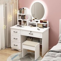 Aeumruch European Style Vanity Desk, Dressing Table with Touch LED Lights Dressing Table with 4 Drawers and 4 Shelves, Dressing Table Set with Chairs(Round Mirror) (with LED Light)