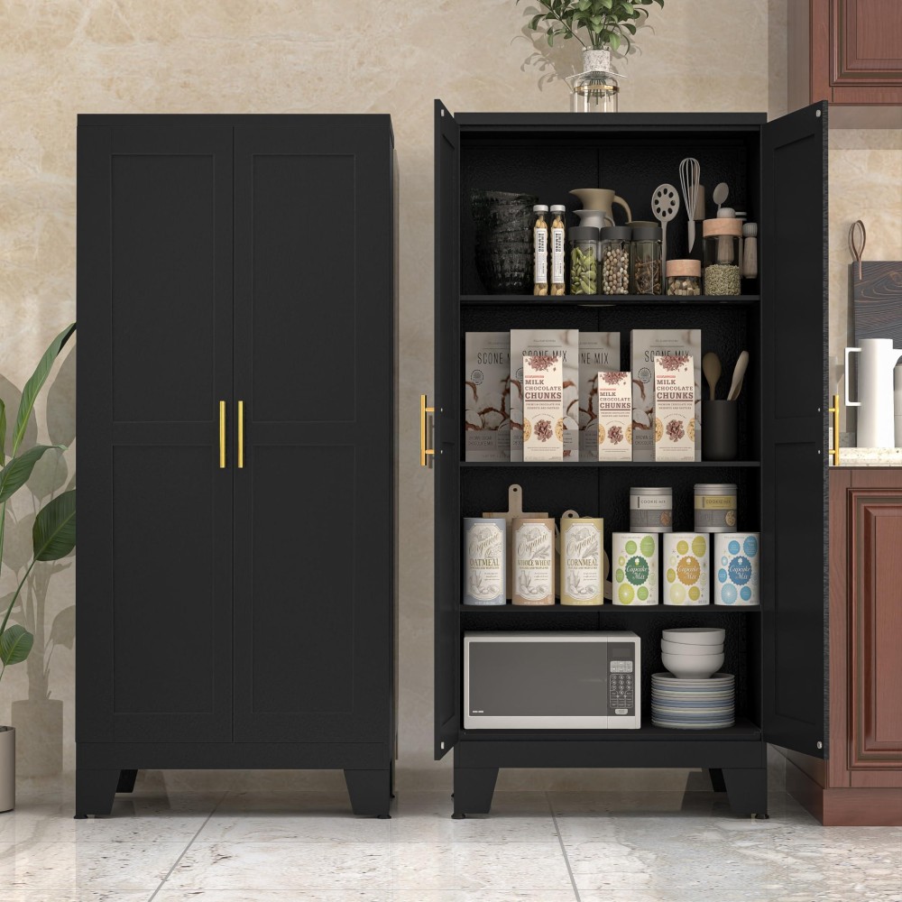 Paofin 61 Black Pantry Cabinet Metal Storage Cabinet Pantry Cabinets With Doors And Shelves Kitchen Pantry Storage Cabinet