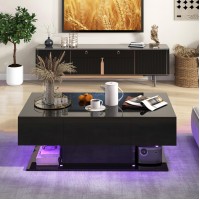 Giantex Modern Led Coffee Table - 2-Tier Center Table W/ 2 Storage Drawers, Adjustable Brightness & Speed, 20-Color Light, 43.5''L Rectangular High-Gloss Finished Table For Living Room (Black)