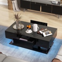 Giantex Modern Led Coffee Table - 2-Tier Center Table W/ 2 Storage Drawers, Adjustable Brightness & Speed, 20-Color Light, 43.5''L Rectangular High-Gloss Finished Table For Living Room (Black)