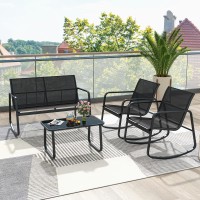 Happygrill 4 Pieces Patio Rocking Set, Porch Furniture Set With Loveseat, 2 Rocking Chairs & Glass-Top Coffee Table, Outdoor Rocker Chair Conversation Set For Balcony, Poolside, Garden, Backyard