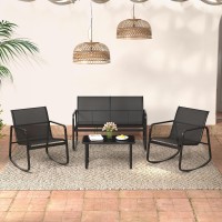Happygrill 4 Pieces Patio Rocking Set, Porch Furniture Set With Loveseat, 2 Rocking Chairs & Glass-Top Coffee Table, Outdoor Rocker Chair Conversation Set For Balcony, Poolside, Garden, Backyard