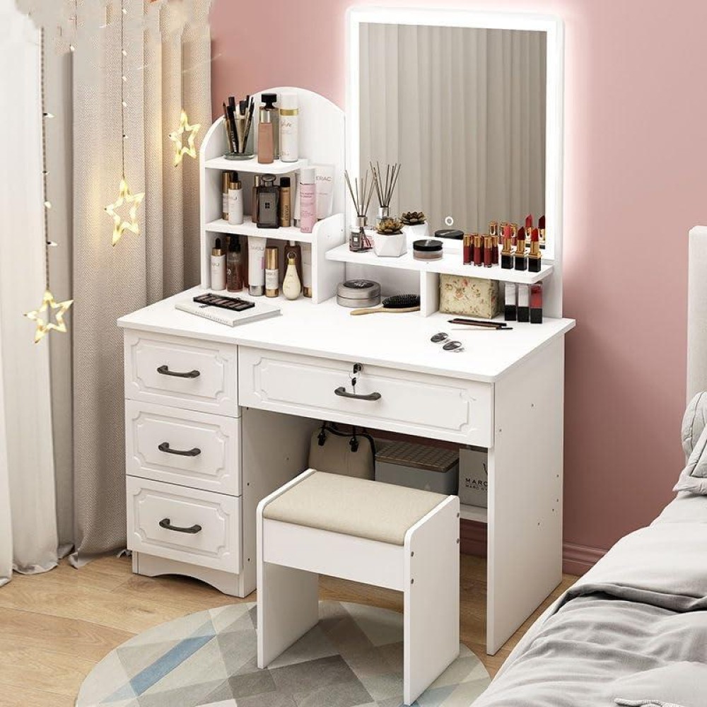 Aeumruch European Style Vanity Desk, Dressing Table With Touch Led Lights Dressing Table With 4 Drawers And 4 Shelves, Dressing Table Set With Chairs(Square Mirror) (With Light)