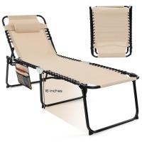 Gymax Lounge Chairs For Outside, Extra High Folding Beach Tanning Lounger With Adjustable Backrest, Footrest & Removable Pillow, Sunbathing Lounge For Patio, Poolside (1, Sand With Pocket)