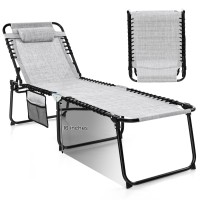 Gymax Lounge Chairs For Outside, Extra High Folding Beach Tanning Lounger With Adjustable Backrest, Footrest & Removable Pillow, Sunbathing Lounge For Patio, Poolside (1, Grey With Pocket)