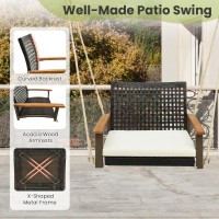Dortala Hanging Porch Swing, 1 Person Patio Wicker Swing Chair With Metal Frame, Cushion, Ropes & Hooks, Outdoor Pe Rattan Swing Seat For Lawn Garden Backyard Balcony, Off White