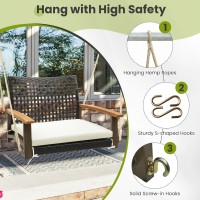 Dortala Hanging Porch Swing, 1 Person Patio Wicker Swing Chair With Metal Frame, Cushion, Ropes & Hooks, Outdoor Pe Rattan Swing Seat For Lawn Garden Backyard Balcony, Off White