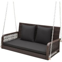 Dortala Hanging Porch Swing, 2 Person Patio Wicker Swing Bench Chair With Metal Frame, Cushions, Chains & Hooks, Outdoor Pe Rattan Swing Loveseat For Deck Backyard Garden, Black