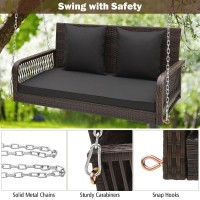 Dortala Hanging Porch Swing, 2 Person Patio Wicker Swing Bench Chair With Metal Frame, Cushions, Chains & Hooks, Outdoor Pe Rattan Swing Loveseat For Deck Backyard Garden, Black