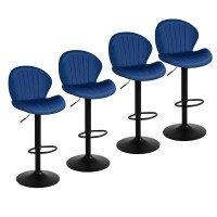 Youhauchair Modern Bar Stools Set of 4, Velvet Height Adjustable Swivel Barstools, Armless Kitchen Island Counter Chairs with Back & Footrest, Blue