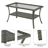 Rilyson Patio Tables Outdoor Coffee Table Wicker Rattan Coffee Tables With 2Tier Storage Shelf Glass Top For Outside Proch De