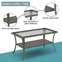 Rilyson Patio Tables Outdoor Coffee Table Wicker Rattan Coffee Tables With 2Tier Storage Shelf Glass Top For Outside Proch De