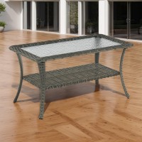 Rilyson Patio Tables Outdoor Coffee Table Wicker Rattan Coffee Tables With 2Tier Storage Shelf Glass Top For Outside Proch De