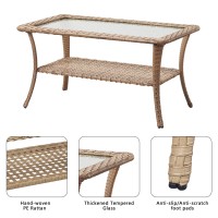 Rilyson Patio Tables Outdoor Coffee Table Wicker Rattan Coffee Tables With 2Tier Storage Shelf Glass Top For Outside Proch De