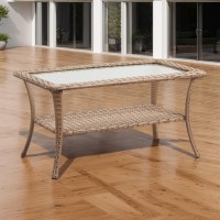 Rilyson Patio Tables Outdoor Coffee Table Wicker Rattan Coffee Tables With 2Tier Storage Shelf Glass Top For Outside Proch De