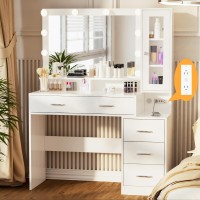 Likein Makeup Vanity With Charging Station Makeup Vanity Desk With Mirror And Lights Dressing Table With Nightstand Drawers