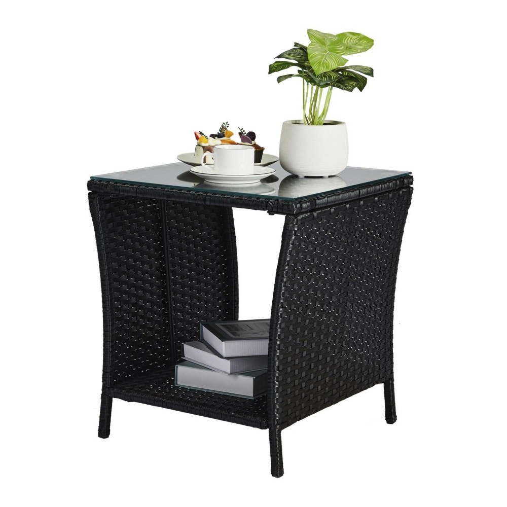 Vingli Outdoor Wicker Side Table Patio Side Tables For Outside Tempered Glass Top Wicker Table With Storage End Table For Balco