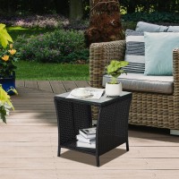 Vingli Outdoor Wicker Side Table Patio Side Tables For Outside Tempered Glass Top Wicker Table With Storage End Table For Balco