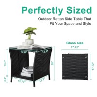 Vingli Outdoor Wicker Side Table Patio Side Tables For Outside Tempered Glass Top Wicker Table With Storage End Table For Balco