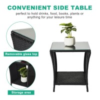 Vingli Outdoor Wicker Side Table Patio Side Tables For Outside Tempered Glass Top Wicker Table With Storage End Table For Balco