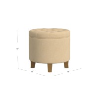 HomePop by Kinfine Fabric Upholstered Round Storage Ottoman - Button Tufted Ottoman with Removable Lid, Light Tan Textured Solid