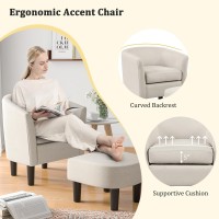 Giantex Modern Accent Chair With Ottoman, Linen Fabric Armchair W/Footrest, Curved Back & Removable Seat Cushion, Upholstered Barrel Club Chair For Living Room, Bedroom, Office, Reading Room (Beige)