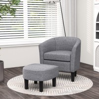 Giantex Modern Accent Chair With Ottoman, Linen Fabric Armchair W/Footrest, Curved Back & Removable Seat Cushion, Upholstered Barrel Club Chair For Living Room, Bedroom, Office, Reading Room (Grey)