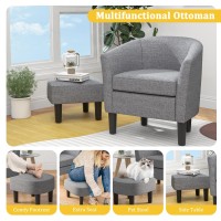 Giantex Modern Accent Chair With Ottoman, Linen Fabric Armchair W/Footrest, Curved Back & Removable Seat Cushion, Upholstered Barrel Club Chair For Living Room, Bedroom, Office, Reading Room (Grey)