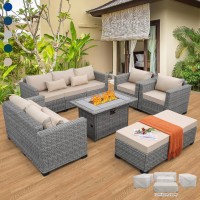 Rattaner 7 Pcs Outdoor Furniture Sets Patio Furniture Set With 45Inch Fire Pit Patio Couch Outdoor Chairs 60000 Btu Propane Fir