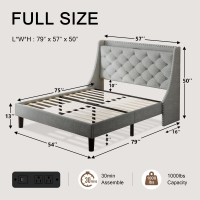 Einhomn Full Size Bed Frame With Wingback Button Tufted Storage Headboard And Type Ac Ports Upholstered Platform Bed Wooden Sl