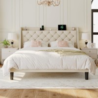 Einhomn King Size Bed Frame With Wingback Button Tufted Storage Headboard And Type Ac Ports Upholstered Platform Bed Wooden Sl